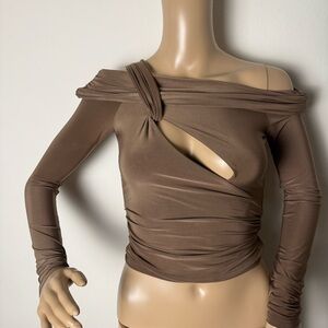 Fashion Nova Brown Off-Shoulder Long Sleeve Top with Front Cutout